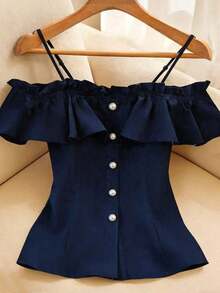 Blusa de hombros descubiertos con botones frontales y volantes de unicolor simple, para verano - Azul marino - Ver 5