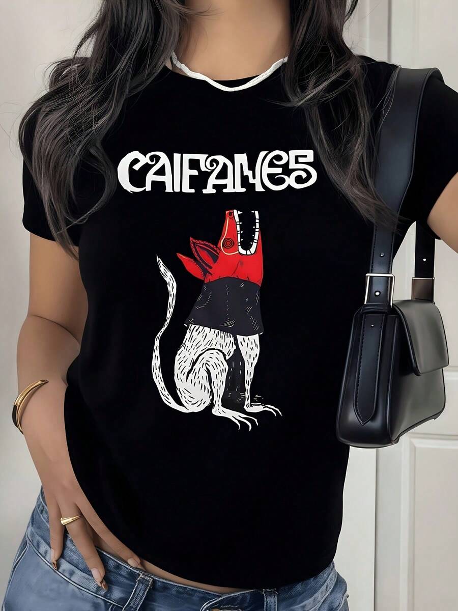 Retro Black Caifanes Band T-Shirt, Latin Rock Style, Mexican Music, Modern, Round Neck, Women's Jersey With Graphic Pattern, Regular Fit, Short Sleeves, Suitable For All Seasons, Women's Clothing - 黑色 - 查看 1