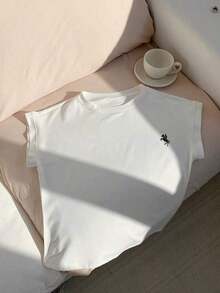 Camiseta de manga corta de cuello redondo de color liso casual de verano - Blanco - Ver 5
