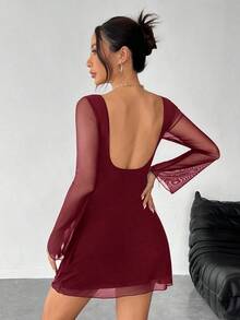 Vestido de malla con mangas de trompeta y espalda descubierta, nuevo y sexy para principios de otoño - Burdeos - Ver 4