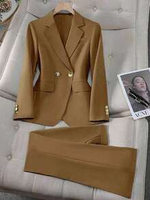 Conjunto de blazer y pantalón de bolsillo de unicolor azul con botones dorados y cuello entallado elegante para mujer, versátil para otoño/invierno - Café integral - Ver 3