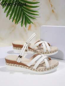 Foot Flair 大尺碼女款交叉綁帶露趾雙穿法繩底涼鞋，海灘度假風，春夏時尚百搭舒適厚底楔形涼鞋 - 白色 - 查看 8