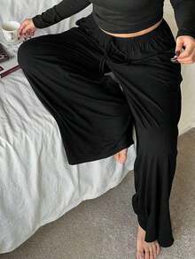 Plus Size Women's Straight Leg Pajama Pants With Elastic Waist And Drawstring, Solid Color Lounge Pants For Autumn And Winter - Black - View 9