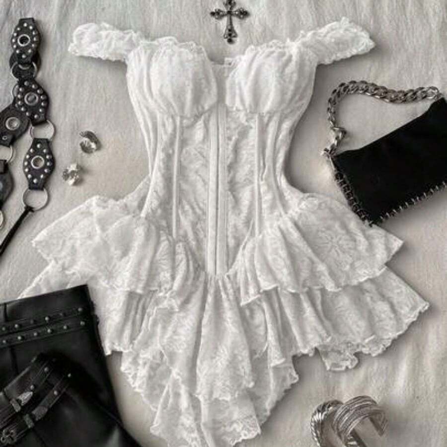 Women's Casual Retro Corset Lace Bodycon Asymmetrical Hem Mini Dress, Suitable For Y2K,Summer Dresses For Women - Blanco - Ver 1