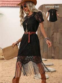 LUNE Vestido de manga corta con encaje y flecos de unicolor, vestidos de campo para mujeres, vestido de campo y occidental, atuendo bohemio para mujeres, vestido bohemio, ropa bohemia chic para mujeres, atuendos occidentales para mujeres, vestido de resort, vestido de vacaciones para mujeres - Negro - Ver 4