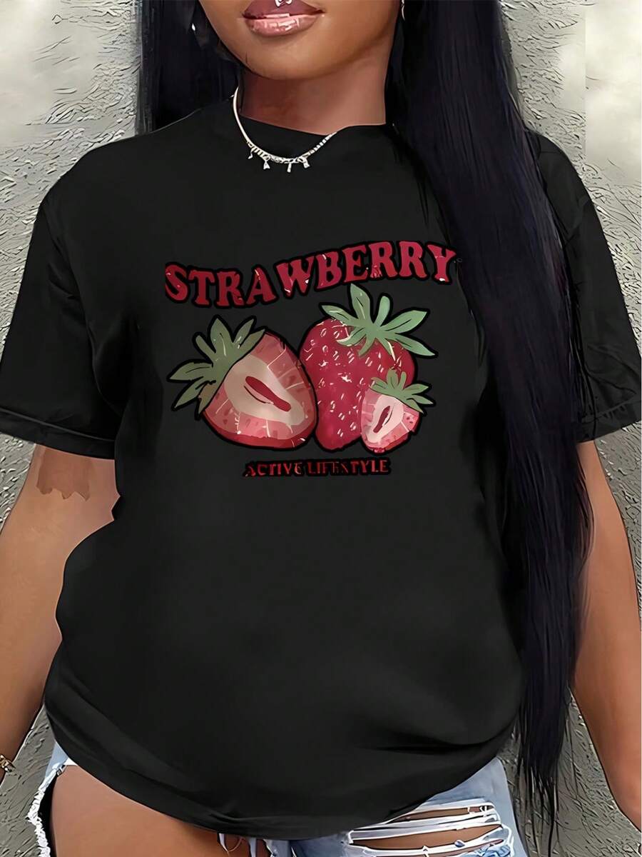 Polyester Short-Sleeved T-Shirt With A Strawberry Print Design. Lightweight And Durable, Suitable For Casual Wear At Home Or In A Cafe. Comfortable And Fitted For Everyday Wear, Featuring A Bright And Vibrant Red And Green Fruit Pattern. - Black - View 1