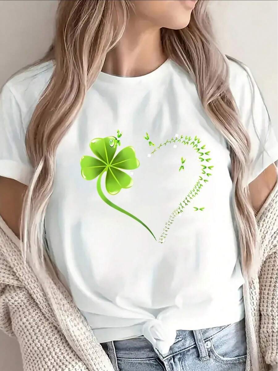 Lightweight And Durable Short-Sleeved T-Shirt With A Heart And Four-Leaf Clover Design, Perfect For Lounging At Home, Restaurants, Or Outdoor Activities. Elegant Party Outfit, Stylish Ladies' T-Shirt, Blouse Suitable For Curvy Women, Prom Skirts, Casual Wear. Adorable Animal Print, Fun Letter Print. - 白色 - 查看 1