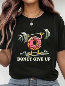 1 pieza Camiseta 100% Algodón para Levantamiento de Pesas - Divertida para Entrenamiento Físico en el Gimnasio, para Amantes de los Donuts, Camiseta Gráfica Casual para Hombre y Mujer, 180g Algodón 100% - Negro - Ver 1