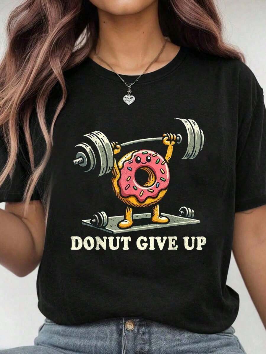 1 pieza Camiseta 100% Algodón para Levantamiento de Pesas - Divertida para Entrenamiento Físico en el Gimnasio, para Amantes de los Donuts, Camiseta Gráfica Casual para Hombre y Mujer, 180g Algodón 100% - Negro - Ver 1