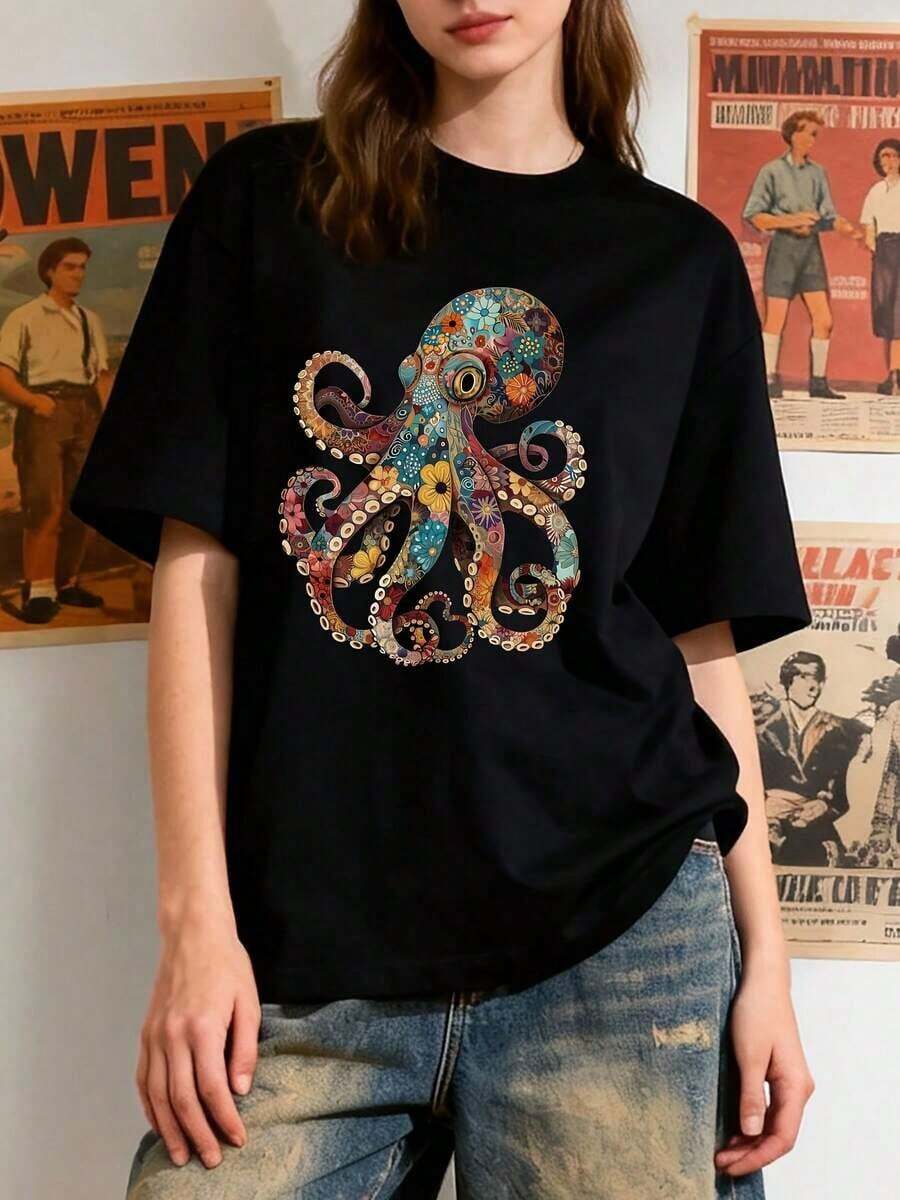 New Lightweight Summer Shirts For Women, Casual Printed Blouses For Ladies, Vintage Octopus Floral Print T-Shirt, Casual Short Sleeve Round Neck Top, Suitable For Summer And Spring, Women's Clothing. - 黑色 - 查看 1