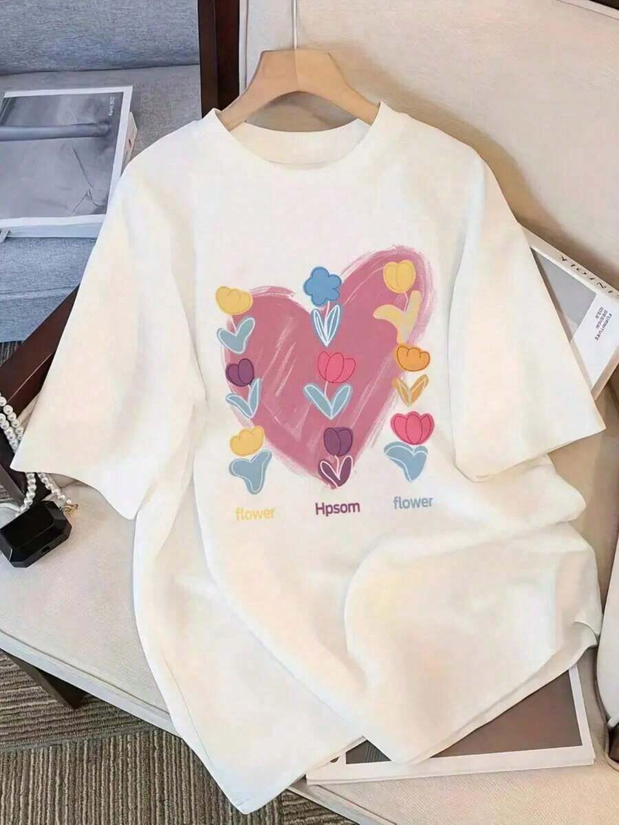 Permeabilidad1 Pieza de Algodón Puro Multicolor, una camiseta suave, cómoda y transpirable para el verano, una camiseta popular y de gran recientemente, que absorbe la humedad y el sudor, estampada con patrones florales de corazón de dibujos animados, adecuada para deportes, actividades al aire libre y uso en fines de semana, la mejor opción de regalo. 180g 100% Algodón espacioso - Blanco - Ver 1