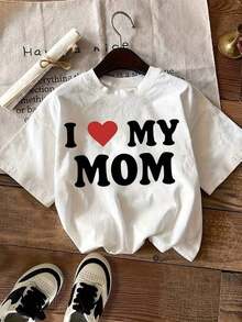 SimpieAndVersatileDesignCamiseta gráfica para mujer "Amo a mi mamá" - Camiseta casual rosa de manga corta con cuello redondo y diseño de corazón, perfecta para el Día de la Madre o para uso casual, camiseta cómoda de algodón para mamá.CottonT-Shirt - Blanco - Ver 1