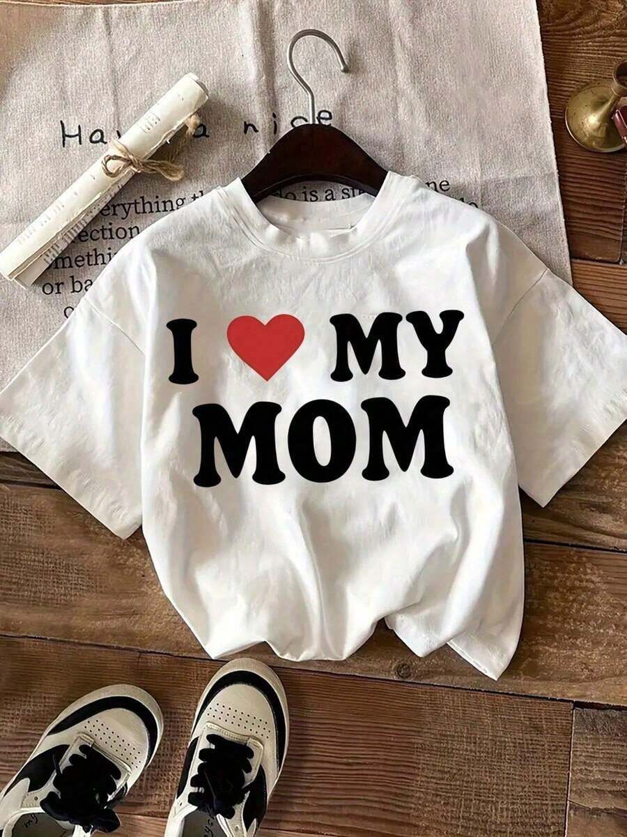 SimpieAndVersatileDesignCamiseta gráfica para mujer "Amo a mi mamá" - Camiseta casual rosa de manga corta con cuello redondo y diseño de corazón, perfecta para el Día de la Madre o para uso casual, camiseta cómoda de algodón para mamá.CottonT-Shirt - Blanco - Ver 1