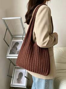 Yogodlns Bolso tejido a ganchillo de moda, bolso de playa de verano para mujer, bolso de mano con estilo, bolso de hombro estilo bohemio tejido a ganchillo, bolso de hombro de ganchillo huec - Cafetería - Ver 5
