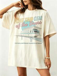 Camiseta de manga corta informal de verano para mujer con estampado vintage "Por favor, no se acerque a la puerta", camiseta de viaje con cita de monorraíl vintage, camiseta de viaje para parque temático. - Blanco - Ver 6