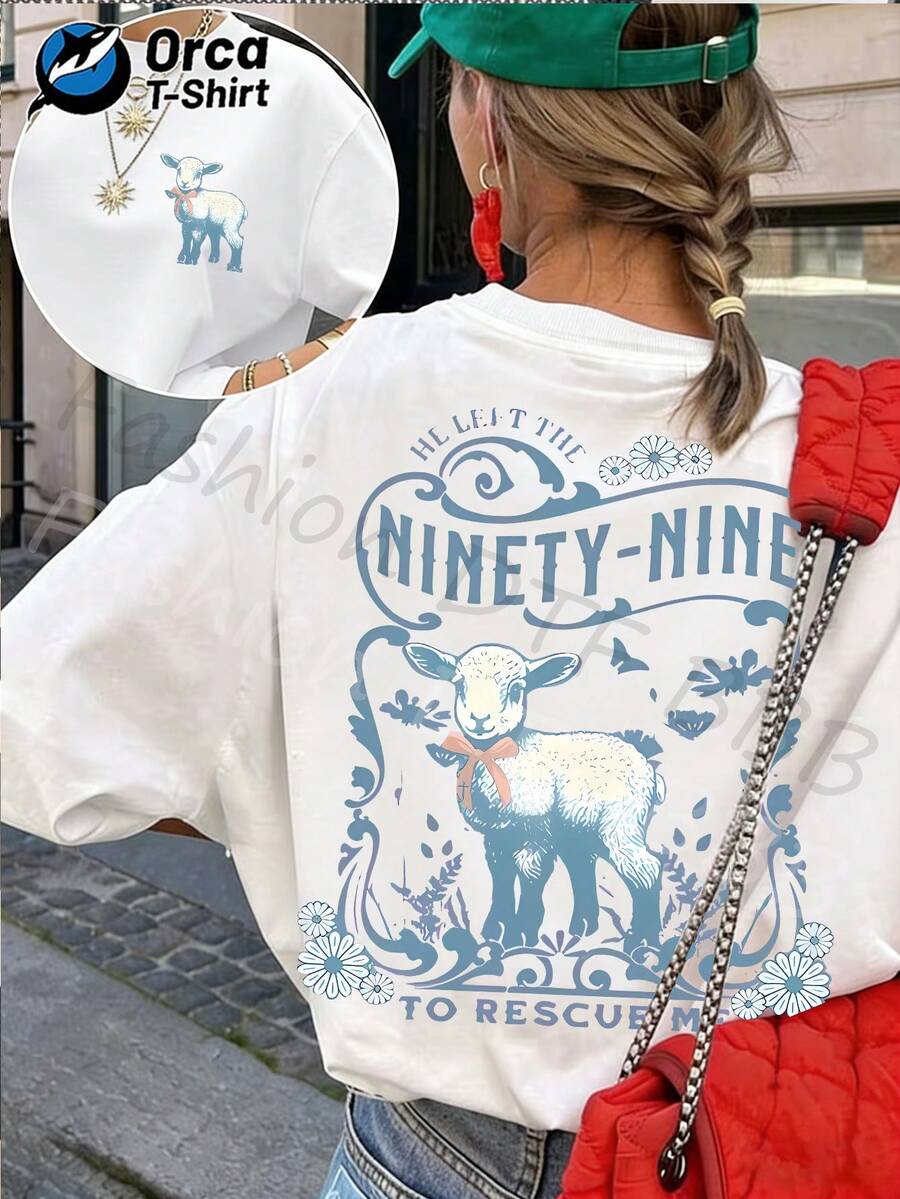 Camiseta de manga corta informal de verano para mujer con estampado "99, Save Me, Lost Sheep", 100% algodón, elegante, top informal para mujer, estilo Y2k, cuello redondo holgado, lavable a máquina, adecuada para salidas informales y actividades religiosas. - Blanco - Ver 1