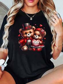 1 pieza de camiseta con estampado de corazón de oso de peluche para el Día de San Valentín, camiseta casual de manga corta con cuello redondo para mujer, diseño de dibujos animados, cam - Negro 10 - Ver 7