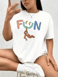 Camiseta de mujer de corte holgado, opciones de color y blanco, diseño gráfico de mono divertido, estampado de animal de dibujos animados, diseño de letras, top casual de verano, estilo de ropa urbana moderna, tela de mezcla de algodón cómoda, perfecta para uso diario, salidas de vacaciones, actividades en la playa, fiestas de festivales, material ligero y transpirable, pieza de declaración de moda para mujeres, camisetas de verano, tops gráficos, conjuntos de verano para mujeres, camisetas gráficas, tops cortos para mujeres, tops para mujeres, ropa vintage de algodón, ropa linda de mujer, atuendo de Navidad, vestidos elegantes de mujerSuitable for spring, summer and autumn - Blanco - Ver 1