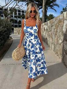 Blue Ditsy Floral Vacation Dress, Square Neck High Waist Flowing Mid-Length Dress Elegant Summer - Blue - View 1