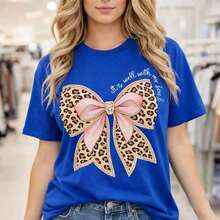 Women's Casual Cotton Leopard Print Bow T-Shirt, Short Sleeve Crew Neck Casual Top, Loose Fit Everyday T-Shirt, Sizes, "It Is Well With My Soul" Graphic T-Shirt, Soft And Comfortable Clothing, Fashionable Plus Size T-Shirt For Women. - 藍色 - 查看 8