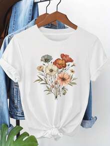 1 Women's Casual Short Sleeve Crew Neck T-Shirt With Colorful Floral Print, Suitable For Daily Wear, Portable For Outings, Ideal As A Holiday Gift, 180g 100% Cotton. - 白色 - 查看 1