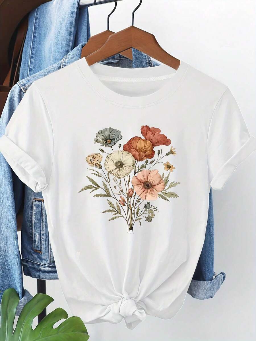 1 Women's Casual Short Sleeve Crew Neck T-Shirt With Colorful Floral Print, Suitable For Daily Wear, Portable For Outings, Ideal As A Holiday Gift, 180g 100% Cotton. - 白色 - 查看 1