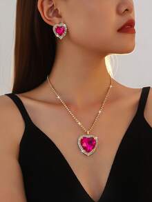 Luxury Red Heart Gemstone Jewelry Set, Versatile Clavicle Chain, Bridal Wedding Dress Accessory - Rose Red - View 1