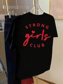Camiseta de manga corta con estampado frontal y trasero - "Strong Girls", estampado de moda "girl power" - camiseta de mujer con estampado de moda para primavera/verano, artículo de moda. - Negro - Ver 2