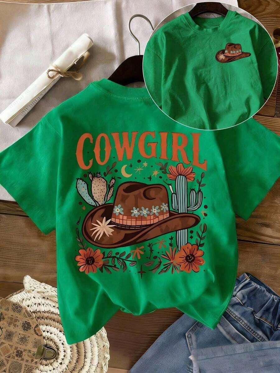 Under The Radar Women's Pure Cotton Short Sleeve T-Shirt With Western Cowboy Hat Print, Stylish And Beautiful, High Quality, Fashionable, Soft And Comfortable, With American Retro Style Design, Suitable For Daily Wear/Party Celebrations/Holiday Gifts, Loose And Unique Top - Unisex Cotton Short Sleeve Crew Neck T-Shirt With Urban Vintage Style. Unisex Loose Fit Cotton Short Sleeve Crew Neck T-Shirt With Urban Vintage Style - 綠色 - 查看 1