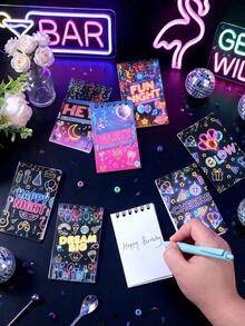 8pcs Neon Glow Party Mini Spiral Notebooks, Designs Glow Party Spiral Notebooks With Disco Ball, Neon Text("Happy Night" & "Fun Night") & Party Prints,Mini Coil Notepad, For Glow, Disco & Neon Birthday Parties,Birthday Party Supplies,Wedding Decor,Bridal Shower Favors,Babyshower Decor,Home Daily Use,Office Supplies,Shopping List,Daily Records,Holiday Decorations - Colored Fluorescence - View 5