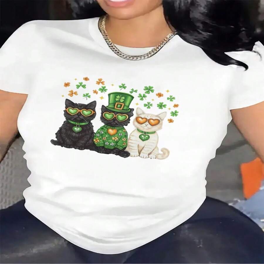 Women's Cute St. Patrick's Day Cotton T-Shirt With Shamrock Cats Print, Short Sleeve Round Neck Casual Top - 白色 - 查看 1