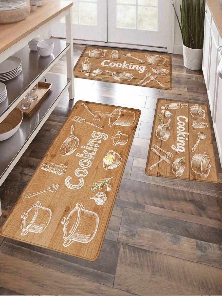 1pc Wood Grain & Kitchen Utensil "Cooking" Pattern Kitchen Mat, Modern Minimalist Absorbent & Oil-Resistant Kitchen Rug, Stain-Resistant Kitchen Floor Mat, Small Kitchen Rug, Easy Care Machine Washable Anti-Abrasion Anti-Scratch Kitchen Floor Mat, Soft & Elastic Kitchen Floor Pad, Kitchen & Dining Room Small Space Compatible Striped Rug, Kitchen Area Rug, Odorless Absorbent Non-Slip Floor Mat (Multiple Styles & Sizes Available) - Sketch Of Wooden Kitchenware - View 1