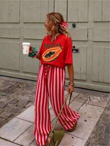 Summer Style Off-Shoulder Printed T-Shirt, Versatile And Stylish For Beach Vacations, Machine Washable, Casual Holiday Top, Streetwear And Sportswear | Clothing For Juneteenth, Father's Day And 4th Of July, Women's T-Shirts For Vacation And Office, Comfortable - 紅色 - 查看 1