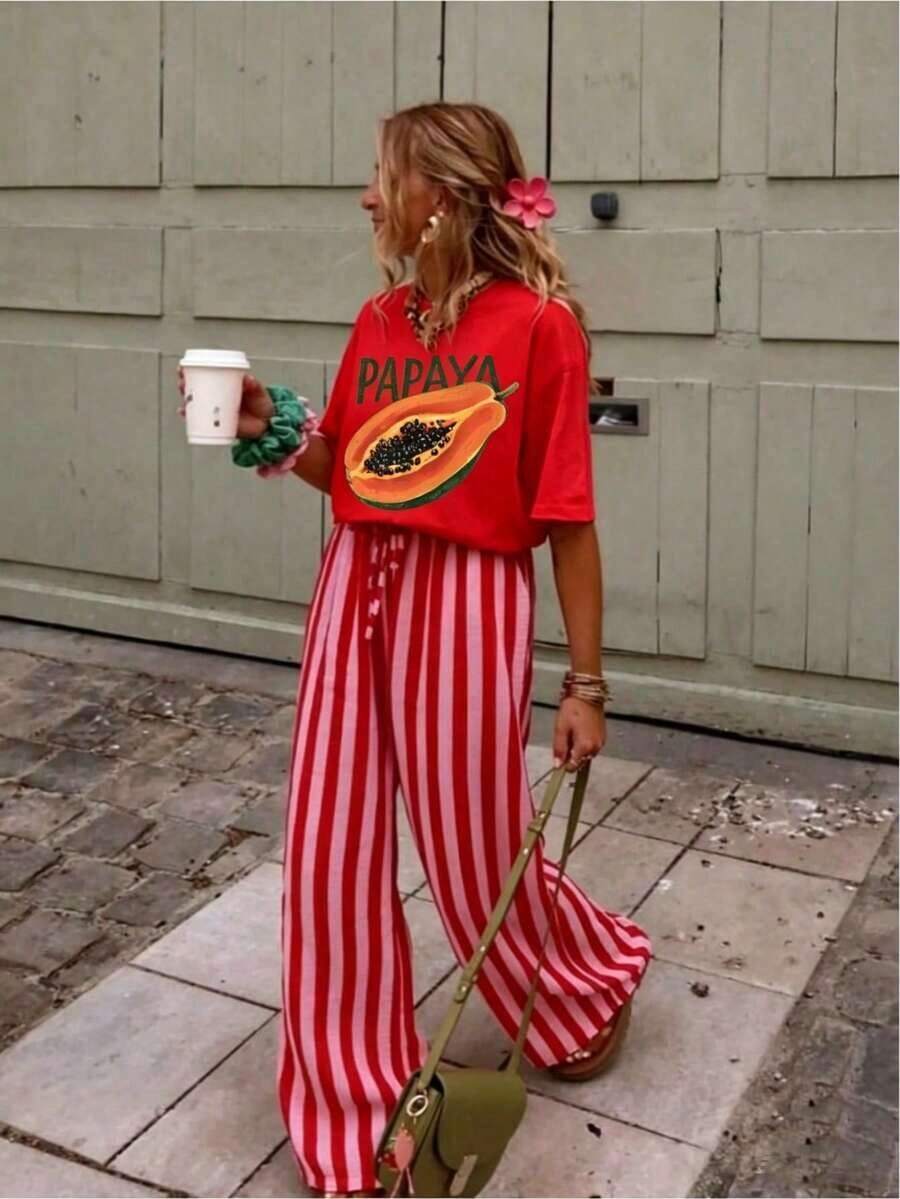 Summer Style Off-Shoulder Printed T-Shirt, Versatile And Stylish For Beach Vacations, Machine Washable, Casual Holiday Top, Streetwear And Sportswear | Clothing For Juneteenth, Father's Day And 4th Of July, Women's T-Shirts For Vacation And Office, Comfortable - 紅色 - 查看 1