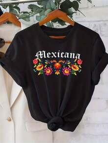 Mexican Women's T-Shirt With Black Floral Embroidery, Mexican Folk Art Design, Pink, Yellow And Red Flowers, Short Sleeve, Round Neck, Casual T-Shirt With Front Tie For A Chic Look, Machine Washable, For Casual Outfits And Mexican Themed Events, Casual Daily Wear. - 黑色 - 查看 9