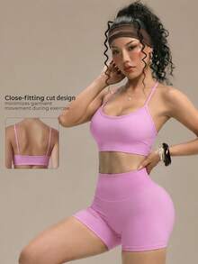2pcs/Set Women's Classic Spaghetti Strap Sports Bra And High Waist Deep V Lifting Shorts, Activewear For Running, Fitness, Cycling, Spring/Summer - Pink - View 11