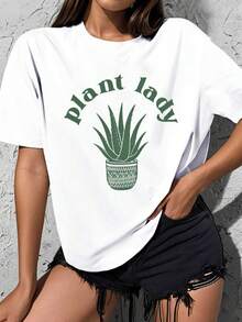 Plus Size Women's One-Piece Leisure Garment, Winter Clothing - Loose Fit, "Plant Lady" Aloe Vera Print, Casual Everyday Wear For Plant Lovers, Round Neck, Short Sleeves,  Casual Top, Fun Design, Stylish Party Wear, Holiday Gift, Daily Wear, Loungewear. Printed, Simple, Versatile, Loose Fit, Fitted Top With Round Neck. - 白色 - 查看 8