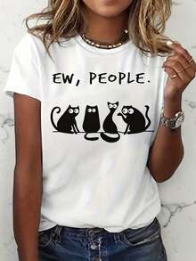 Casual T-Shirt For Mother's Day, Women's Printed T-Shirt, Funny 'Ew, People' And Black Cat Print T-Shirt - Casual Short Sleeve Crew Neck T-Shirt, Suitable For Cat Lovers, Machine Washable, Summer Top Gift For Cat Lovers, 100% Cotton, Durable - 白色 - 查看 1