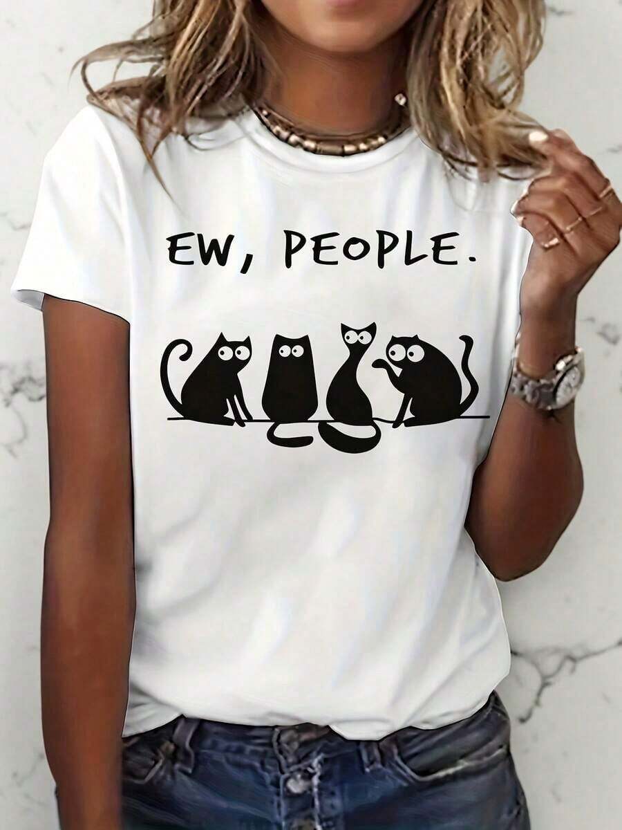 Casual T-Shirt For Mother's Day, Women's Printed T-Shirt, Funny 'Ew, People' And Black Cat Print T-Shirt - Casual Short Sleeve Crew Neck T-Shirt, Suitable For Cat Lovers, Machine Washable, Summer Top Gift For Cat Lovers, 100% Cotton, Durable - 白色 - 查看 1