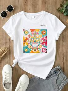 Limited Time Offer, Limited Quantity Available, Lightning, Women's Shirts, Women's T-Shirts. Women's Oversized Black T-Shirt, Short Sleeve, Round Neck, Colorful Graffiti  Mask Print, Casual Mexican Style For Everyday Wear - 白色 - 查看 3
