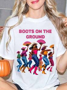 Women's Casual Short-Sleeved Crew Neck T-Shirt With A Vintage Western Cowgirl Design Featuring Fans And Boots On The Ground. A Great Gift Idea, This Plus-Size T-Shirt Is Perfect For Holiday Parties Or As A Present. Soft And Comfortable. - 白色 - 查看 1