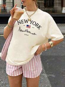 Women's Short-Sleeved T-Shirt With A Round Neck And Simple Slogan Print, Casual Summer Style, Loose Fit, Ideal For Everyday Wear And Holidays. Women's T-Shirt. White - 杏色 - 查看 4