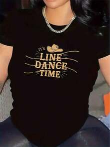 Women's Graphic Tee For Line Dancing - Western Cowboy Style Party Top With "It's Time To Line Dance" Text - Lightweight Stretch Polyester Tee For Country Western Events, Casual Wear - Non-See-Through Crew Neck Tee - All-Season Dancewear, Cowboy Party Supplies, Casual Wear, Non-See-Through Fabric, Comfortable Fit, Event Wear, Breathable Material, Short Sleeve Tee, For Event Attendees - 黑色 - 查看 1