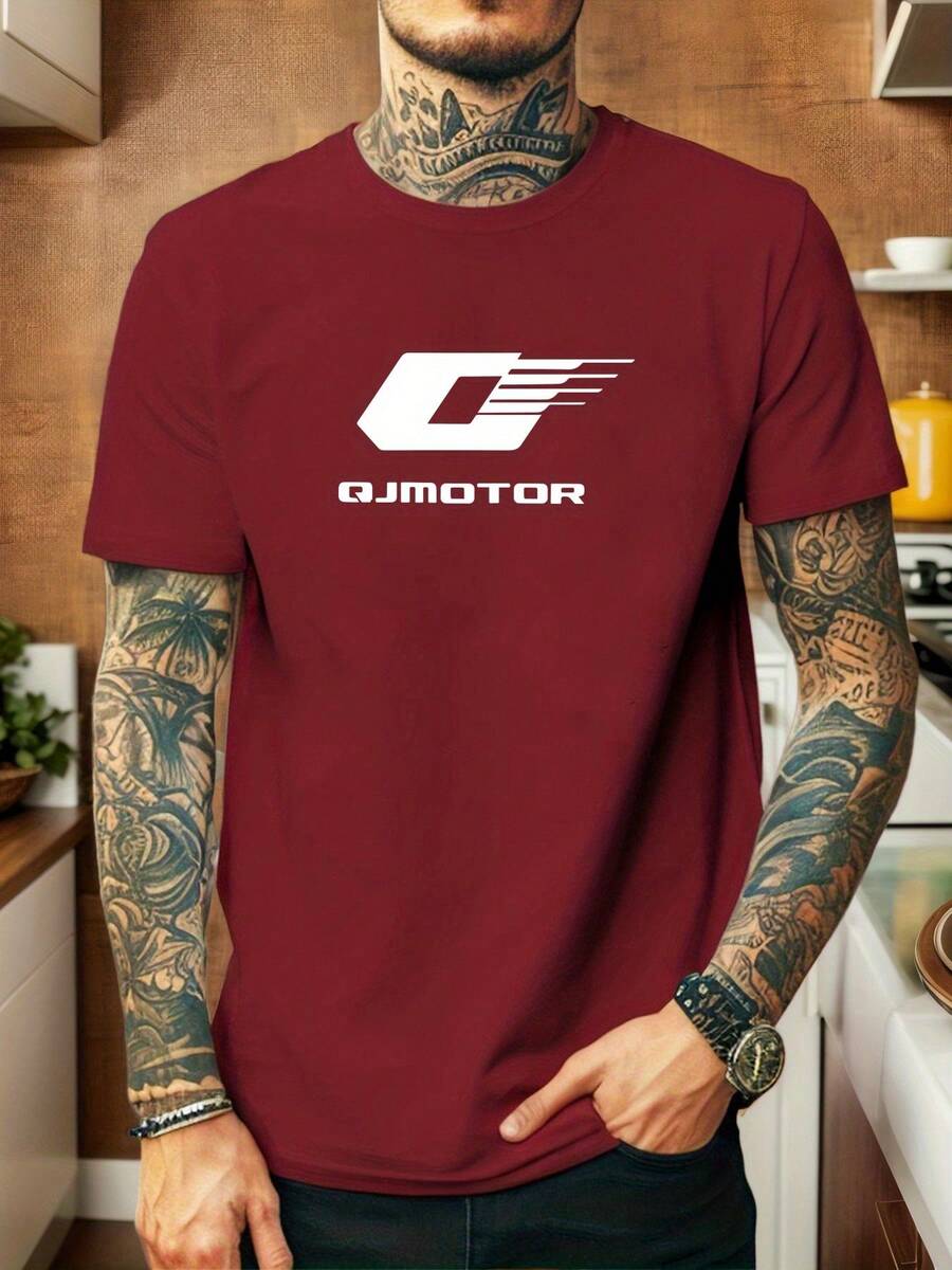 Men's Casual Summer Short Sleeve Crew Neck T-Shirt With QJmotor Logo - 深紅色-A - 查看 1