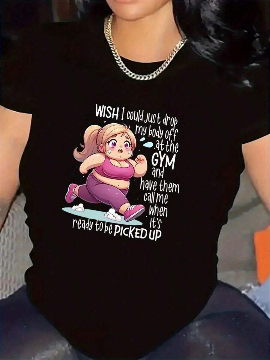 Women's Short-Sleeved Cotton And Polyester Gym T-Shirts With Fun Print, Lightweight And Durable Fabric, Ideal For Training Sessions In Fitness Centers, Casual Use In Living Rooms, Comfortable Fit With Fun Design, Basic Women's Blouses. - 黑色 - 查看 1