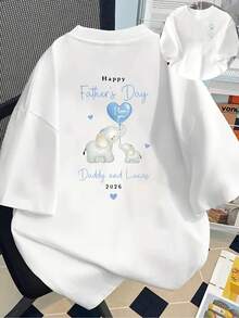 New Short-Sleeved T-Shirt, 180g Weight, % Cotton, With Front And Back Prints - Father's Day, Elephant Father-Son - Fashionable Printed T-Shirt For Women, Short-Sleeved, Suitable For All Seasons, Modern Clothing - Can Be Worn As A Base Layer In Spring/Autumn Or Alone In Summer, Unisex. - 白色 - 查看 7