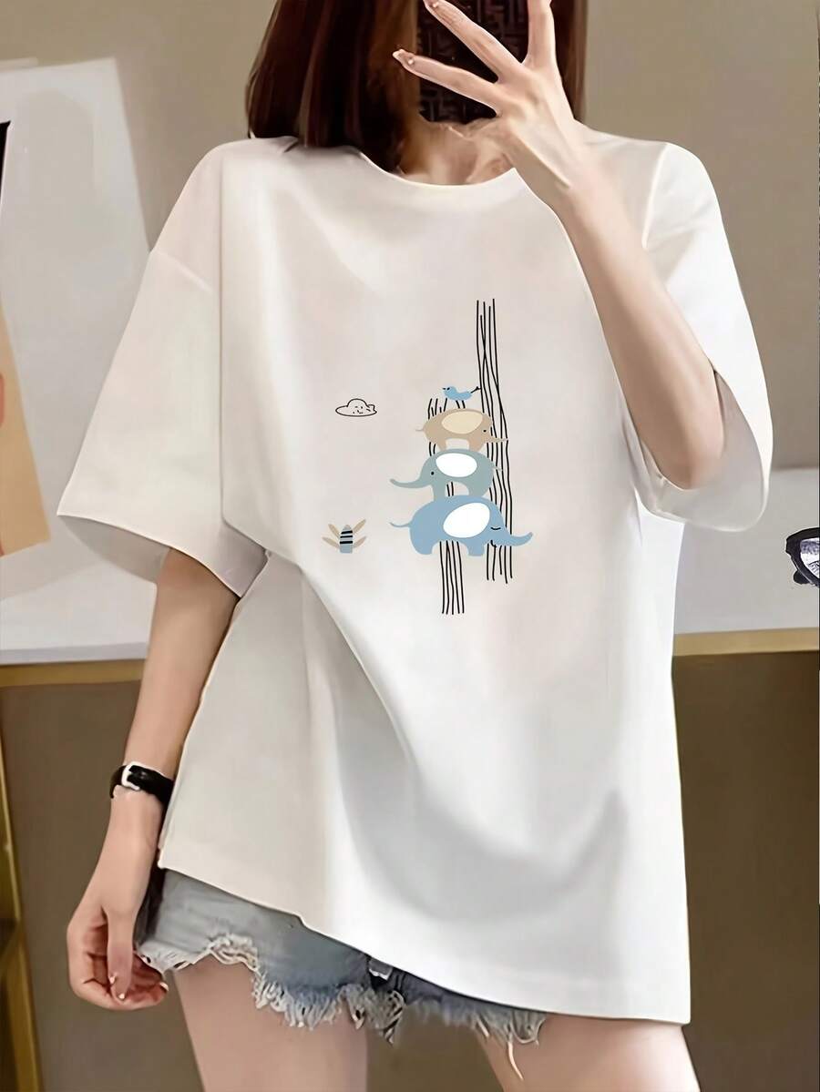 Women's T-Shirt With Simple And Versatile Design, Korean Style, Cute And Kawaii, With Sailor Pluto Print - White, Short Sleeve, Round Neck, Casual Summer Style, Cotton T-Shirt With Anime Print. - 白色 - 查看 1
