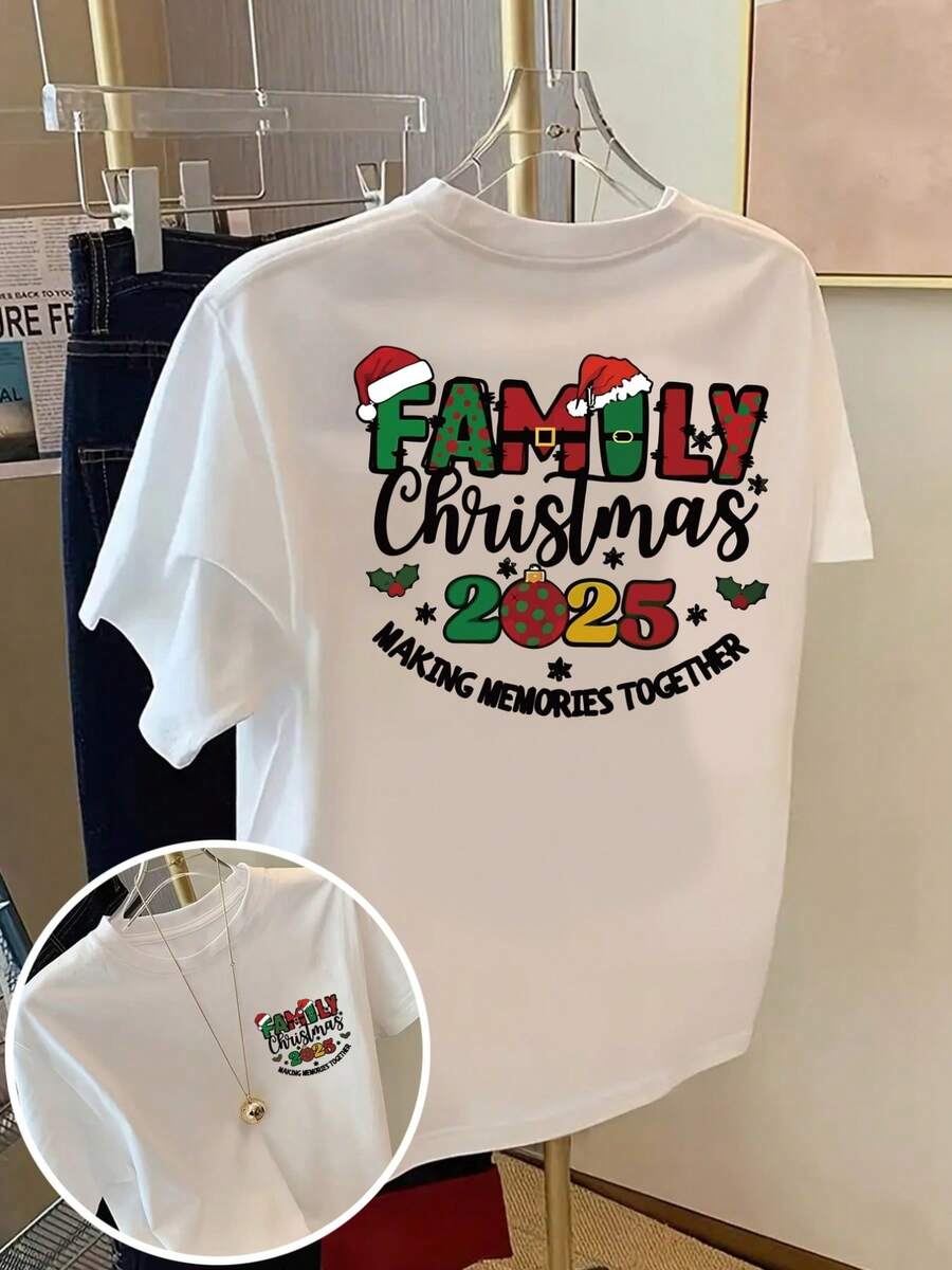 Short-Sleeved T-Shirt With Front And Back Print - Family Christmas Print, Christmas Print - Women's T-Shirt With Spring/Summer Fashion Print, Fashion Item, Short-Sleeved T-Shirt. - 白色 - 查看 1
