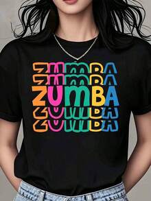 Mexican Women's T-Shirt For Zumba With Colorful Text Print For Fitness, Dance, Workout, Casual Summer Sportswear, Fashionable Summer Cotton T-Shirt - 黑色 - 查看 1