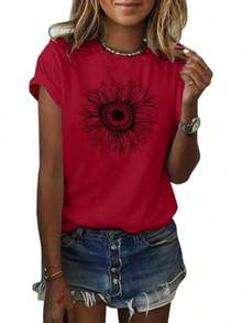 1Piece Fashion Casual For Men And Women City Bell Women T-Shirt Short Sleeve Tee Sunflower Graphic Loose Summer Top Versatile, Easy To Match, Suitable For Daily Wear, Urban Style, Holiday Outfits, Weekend Outfits. - 紅色 - 查看 6